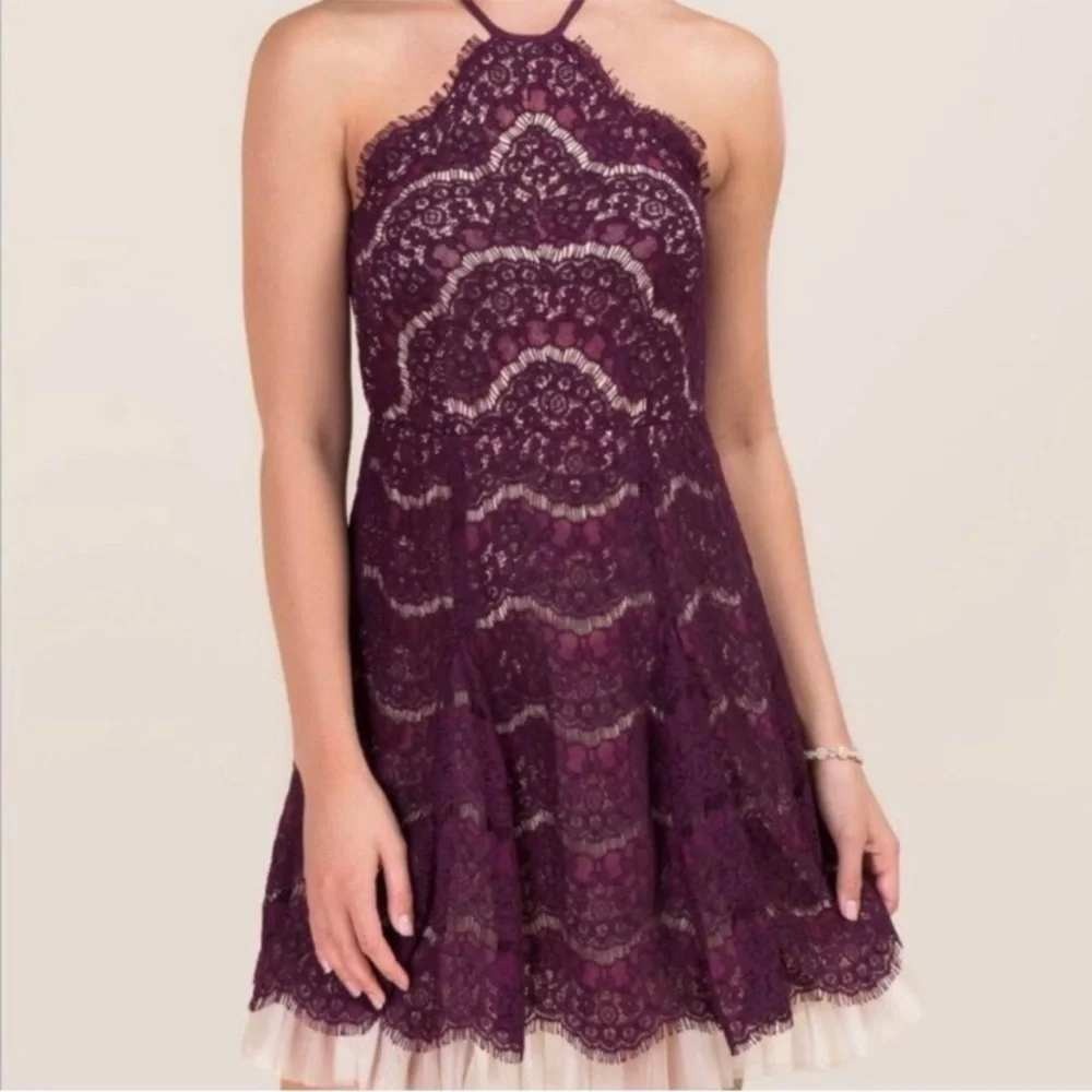 Francesca's Purple Floral Lace Halter Mini Dress Scalloped Tulle Hem Party Large